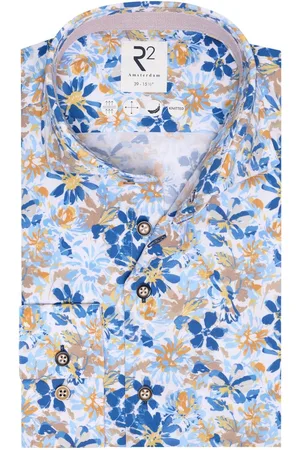 R2 Amsterdam R2 Overhemd Knitted Bloemenprint Extra Long Sleeves - Maat 44 - Heren - Overhemden Casual