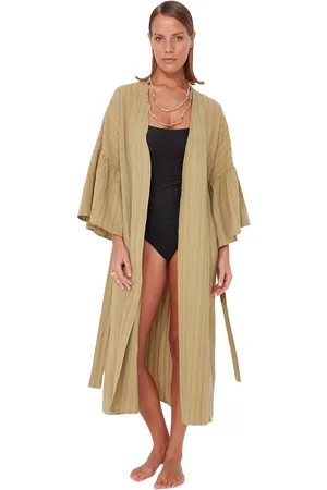 Trendyol Ecru Belted Maxi Woven Flounce Linnen Blend Strand Kimono&Caftan Tbess23Km00028