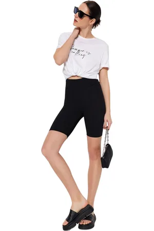 Trendyol Zwarte High Waist Afslankende Biker Interlock Gebreide Tights Twoss23Ta00023