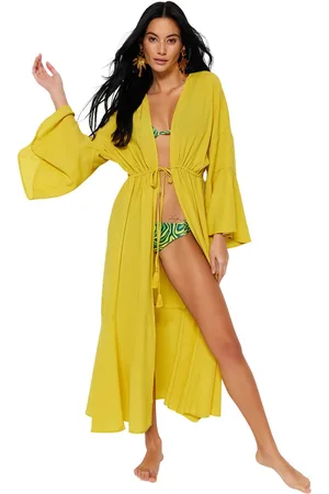 Trendyol Olie Groene Maxi Geweven Geplooide Strand Kimono&Caftan Tbess23Km00105