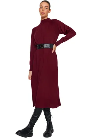 Trendyol Bourgondië Imitatieleren Gebreide Jurk Met Riem En Opstaande Kraag Tctaw24Eb00030