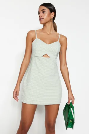 Trendyol Blauwe Gingham Window Gedetailleerde Mini Geweven Overall Met Bretels Twoss22Tu0277