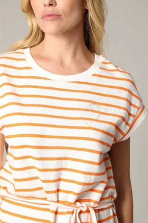 Deeluxe Gestreepte katoenen jersey jurk met ronde hals en korte mouwen met manchetten S