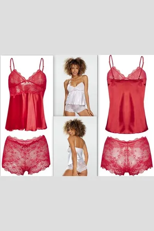 DKaren Satijnen shortama met doorzichtig kanten broekje -Verleidelijke kanten pyjama - Prachtige lingerie set - Nevada - S