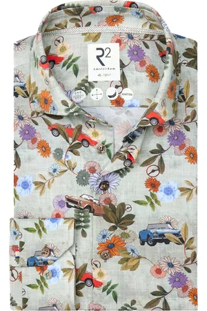 R2 Amsterdam R2 Japanese Knitted Overhemd Extra Lange Mouw Print Groen - Maat 42 - Heren - Overhemden Formeel