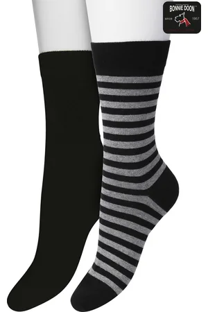 Bonnie Doon Sokken Set Gestreept en Effen voor Dames Zwart/Grijs maat 36/42 - Set met 2 paar Sokken - Strepen - Katoenen Sok - Gladde Naden - Brede Boord - Perfecte Pasvorm - 2-pack - Multipack - Zwart - Grijs - Black - Grey - OL041101.133