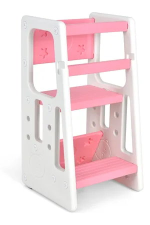 Costway Kinderkeuken opstapkrukje met dubbele veiligheidsleuningen, kleuter leerkrukje met 3 instelbare hoogtes en anti-slip Pootdoppen, kleutertoren voor aanrecht en badkamer (roze)