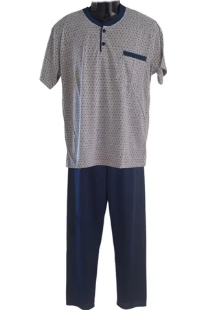 Merkloos Uniseks Pyjama set Dames & Heren - 2 Delig - Kleur /Marineblauw - Blokjes patroon - Maat M - Korte Mouwen - Lange Broek - Knopen - Cadeau - Kerst