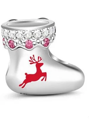 Mijn bedels Zilveren bedel Glinsterende kerstsok met Zirconia stenen en rendier