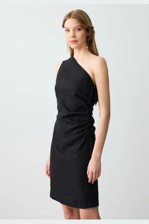 Jimmy Key Slim Fit Asymmetrische Hals Een Schouder Mini Linnen Jurk
