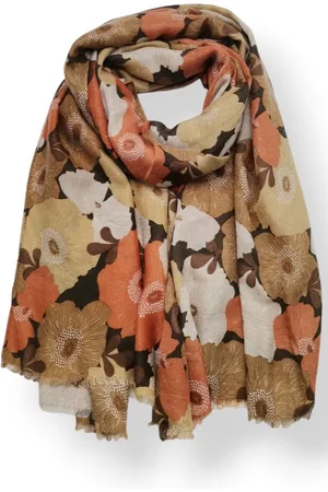 Merkloos Lange dames sjaal Ellemieke gebloemd motief kaki beige wit oranje chocolade
