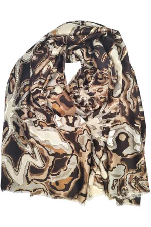 Merkloos Lange dames sjaal Nadine fantasiemotief donker chocolade wit goud camel taupe cacao