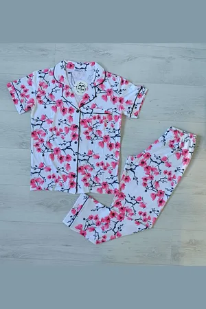 Merkloos Dames 2- Delige -Pyjama- Luxe Pyjamaset- Nachtkleding- Homewear -Katoen- Cadeauset voor Vrouwen- Zomer- Bloemen Print Maat XL