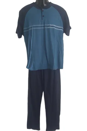 Merkloos Uniseks Pyjama set Dames & Heren - 2 Delig - Kleur Groen/Donkerblauw/wit - Horizontale streep met tekst - Maat L - Korte Mouwen - Lange Broek - Knopen - Cadeau - Kerst
