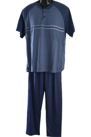 Merkloos Uniseks Pyjama set Dames & Heren - 2 Delig - Kleur Donkerblauw/Lichtblauw - Horizontale streep met tekst - Maat L - Korte Mouwen - Lange Broek - Knopen - Cadeau - Kerst