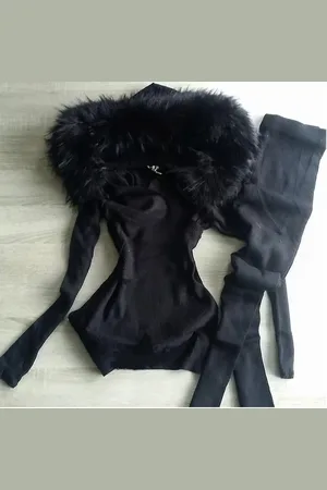 Merkloos S/M Huispak met bontkraag velours dameskleding joggingpak set