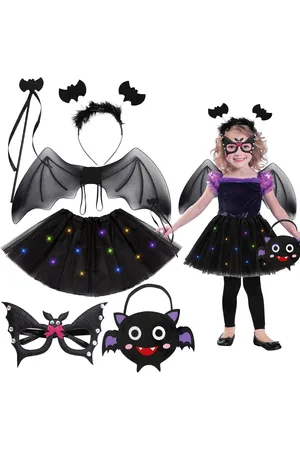 Merkloos 6 stuks meisjes Halloweenkostuum - Vleermuiskostuum set met LED-tule rok, vleermuisvleugels, toverstaf, haarband, masker en vilten tas - Cosplay-outfit voor Halloweenfeest