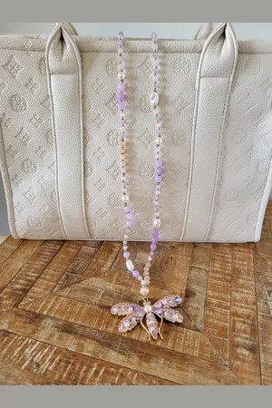 Yehwang Ketting - lange ketting - trendy - libelle - - roze - kralen - stijlvol - kettingen - cadeau