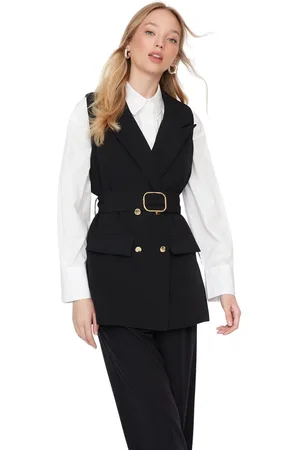 Trendyol Zwart Tailleriem Jas Kraag Geweven Vest Tctaw23Yl00014