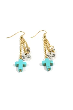 Heaven Eleven Dames - Oorbel - gold - turkoois - turquoise - kruisje