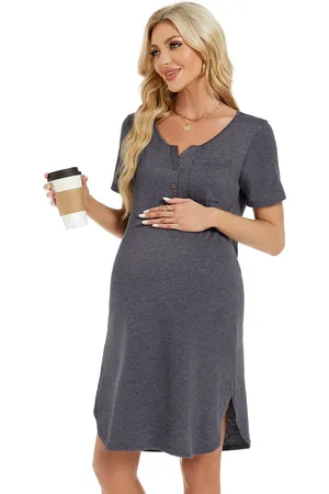 Merkloos Nachthemd voor dames, nachthemd voor de bevalling, nachthemd voor borstvoeding, nachthemd van katoen, nachthemd voor zwangerschap met knoopsluiting XL