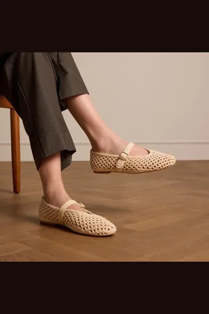 Manfield Dames - Witte raffia ballerina met gesp - Maat 42