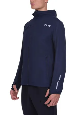 TCA Heren Hardloop Softshell Jas - Regenjas met Capuchon Waterdichte Opvouwbare Reis Windjack met Ritszakken - Marineblauw, XXL