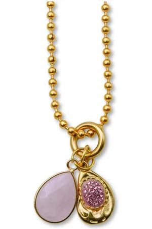 Marama Ketting - stainless steel gold plated - edelsteen rozenkwarts - damesketting met hangers - cadeau dames - luxe geschenkverpakking