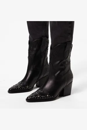 Manfield Dames - Zwarte leren cowboy laarzen met zilveren studs - Maat 37