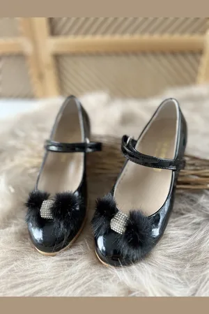 Merkloos Meisjesschoenen-luxe feestschoenen-kinderschoenen-orthopedische zwarte ballerina- schoenen met enkelband-klittenbandsluiting-strass steentjes-pluche-bruidsmeisjes-bruiloft-feest-verjaardag-fotoshoot- maat 35