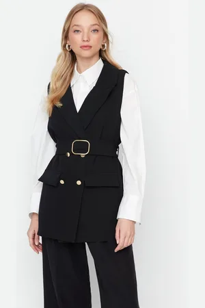 Trendyol Zwart Tailleriem Jas Kraag Geweven Vest Tctaw23Yl00014