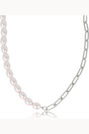 My Bendel Schakelketting zilverkleurig met roze parels - Zilverkleurige schakelketting gecombineerd met ovale roze parels - Met luxe cadeauverpakking