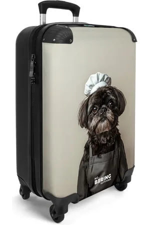 No Boring Suitcases ® - Handbagage koffer lichtgewicht - Reiskoffer trolley - Beige - Zwarte hond met koksmuts - Rolkoffer met wieltjes - Travel suitcase cabin - Reistrolley met TSA slot - Past binnen 55x40x20 en 55x35x25 - Kleine valiezen
