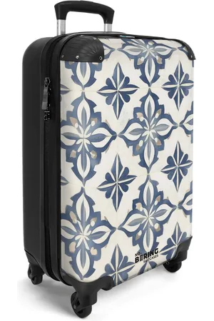 No Boring Suitcases ® - Handbagage koffer lichtgewicht - Reiskoffer trolley - Blauw bloemenpatroon op witte tegels - Reis rolkoffer met wieltjes - Carry on reistrolley op wielen - Luggage suitcase - 55x40x20 en 55x35x25 - Bagage 55 cm