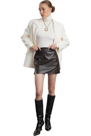 Trendyol Bruine Imitatieleren Split Mini Geweven Rok Tweeaw25Et00062