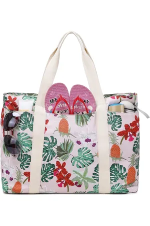 Merkloos Grote strandtas met ritssluiting, shopper voor dames, canvas strandtas voor dagtochten of festivals, 55 x 36 x 20 cm, ananas