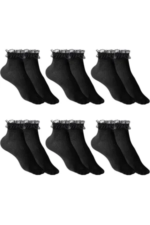 Merkloos 6 Pairs Black Ladies Ruffle Ankle Lace Socks Women Adult Ruched Lace Ankle Ballet Dress Strips Cotton Socks for Women Girls.