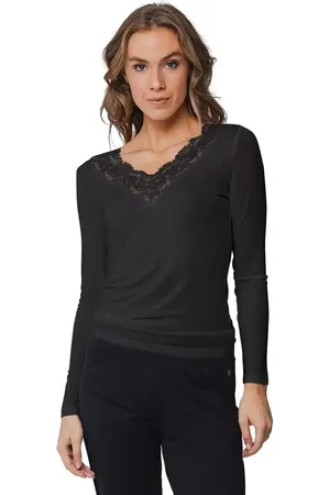 Pastunette Wollen/modal kanten dames shirt lange mouw - Kanten dames ondershirt met diepe hals - L