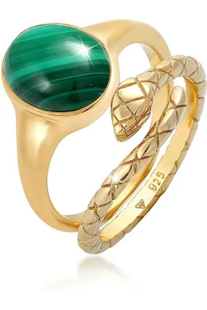 Elli Dames Ring Dames Set Signet Ring Malachiet Slang Trend Blogger in 925 Sterling Zilver