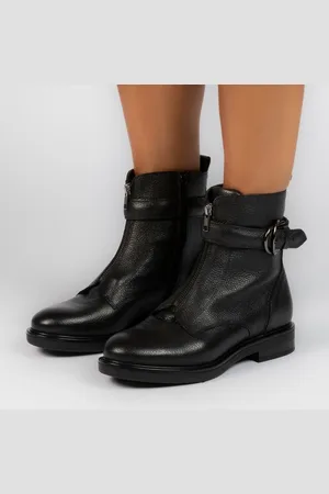 Manfield Dames - Zwarte leren enkellaarsjes - Maat 41