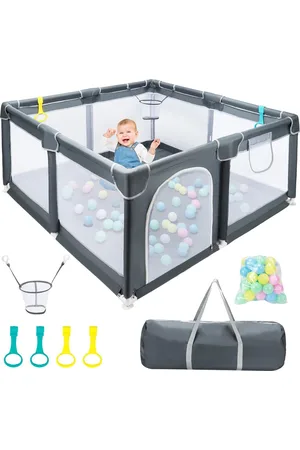 Merkloos Baby Playpen, 130 x 130 x 66 cm, 300D Oxford Fabric Playpen Baby with 50 Balls & 4 Pull Rings & Carry Bag, Non-Slip Breathable Playpen Baby Safety Gate for Indoor and Outdoor Use