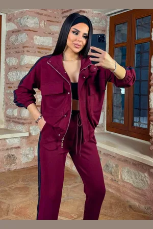 Merkloos Dames Trainingspak - Loungewear- Joggingspak - Sport kleding- Huispak Bordeaux Maat L