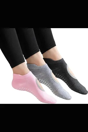 Merkloos Antislip yogasokken dames - 3 paar pilates sokken met handvat - ballet dans fitness ziekenhuis training - Meerkleurig L