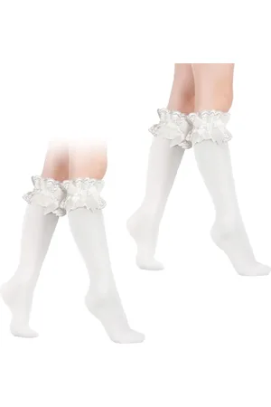 Merkloos Knee High Socks 2 Pairs Bowknot Knee High Socks White Frill Socks for Women Girls Knee High White Dancing Cosplay Socks White One Size White