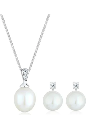 Elli Dames Sieraden Set Dames Zoetwater Gekweekte Parel met Diamant (0.10 ct.) in 925 Sterling Zilver