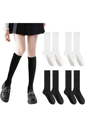 Merkloos 4 Pairs Women Cotton Knee Socks Winter Long Breathable Plain High Retro Casual Sports Socks (Black White) One Size
