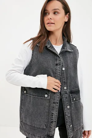 Trendyol Antraciet Overhemdkraag Zak Gedetailleerd 100% Katoenen Denim Vestjack Tctaw22Ck0006
