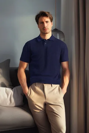 Trendyol Marineblauw Limited Edition Relaxed Gebreid T-Shirt Met Korte Mouwen En Polohals Tmnss23Po00025