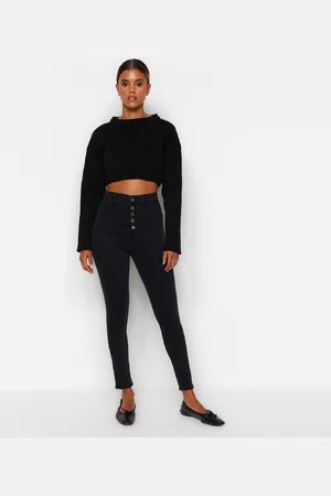 Trendyol Blauwe Jeggingjeans Met Hoge Taille En Knopen Aan De Voorkant Twoaw21Je0446