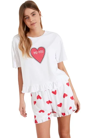 Trendyol Witte 100% Katoenen Hartjespatroon Met Ruchedetail Gebreide Pyjamaset Met Shorts Thmss21Pt0467